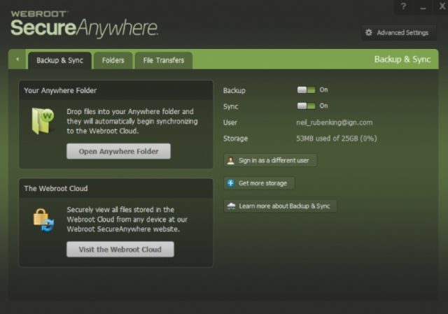 Webroot Secure Anywhere Interface.