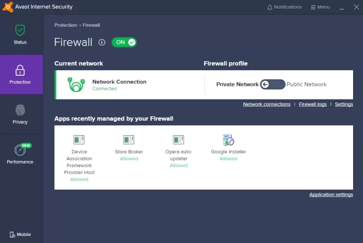 Configuración del firewall del antivirus Avast.